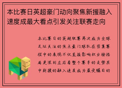 本比赛日英超豪门动向聚焦新援融入速度成最大看点引发关注联赛走向